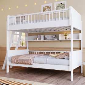 Twin Size Wooden Bunk Bed with 3 Storage Shelves, Ladder can be Changed Left or Right