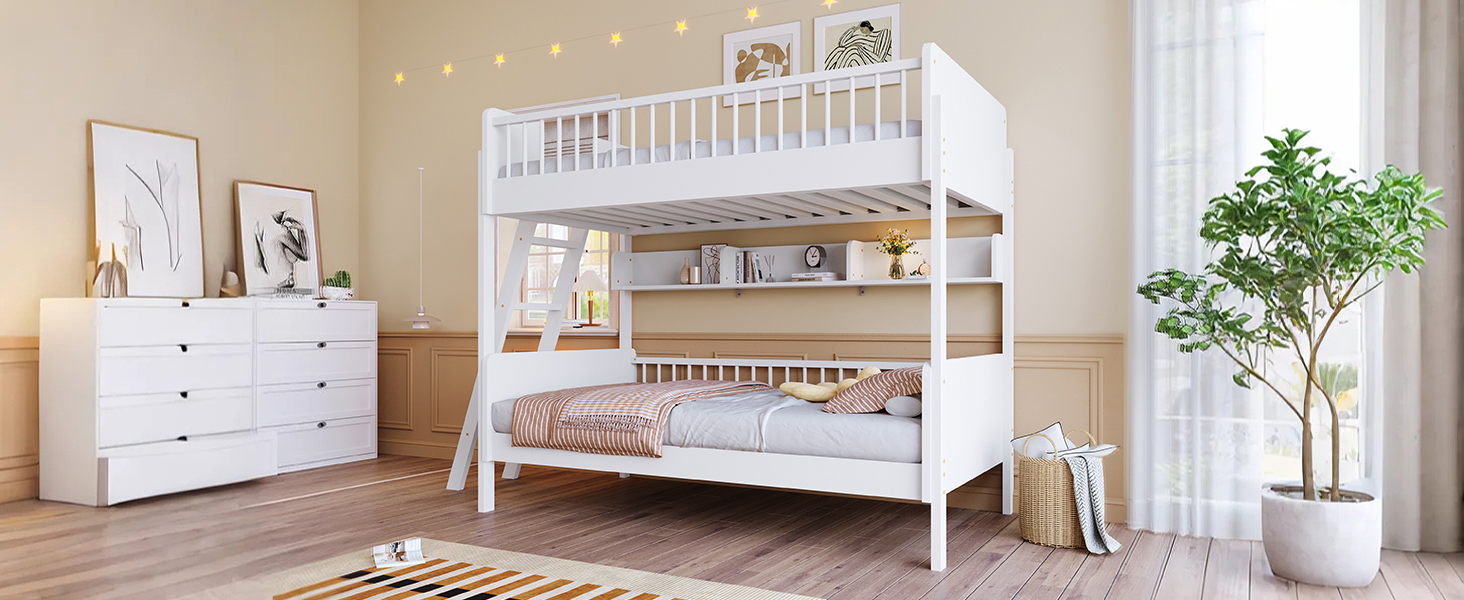 Twin Size Wooden Bunk Bed with 3 Storage Shelves, Ladder can be Changed Left or Right