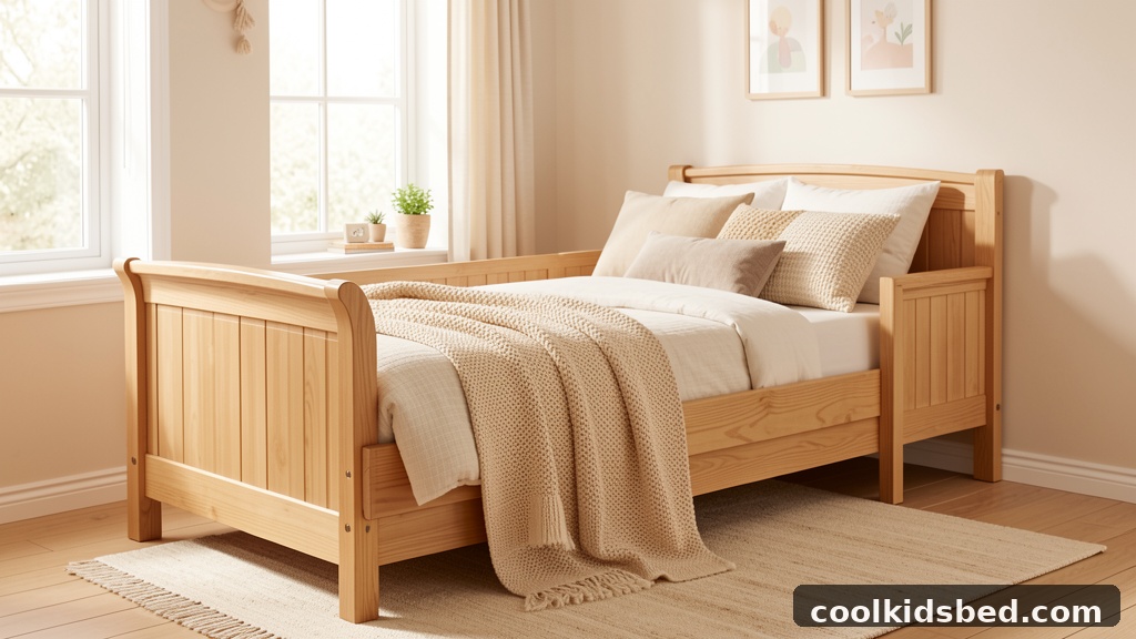 Full wooden daybed in a cozy kids bedroom