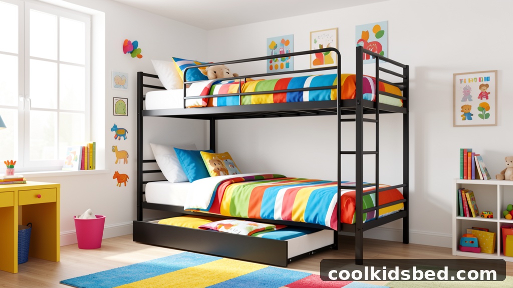 Metal bunk bed with trundle in a kids bedroom