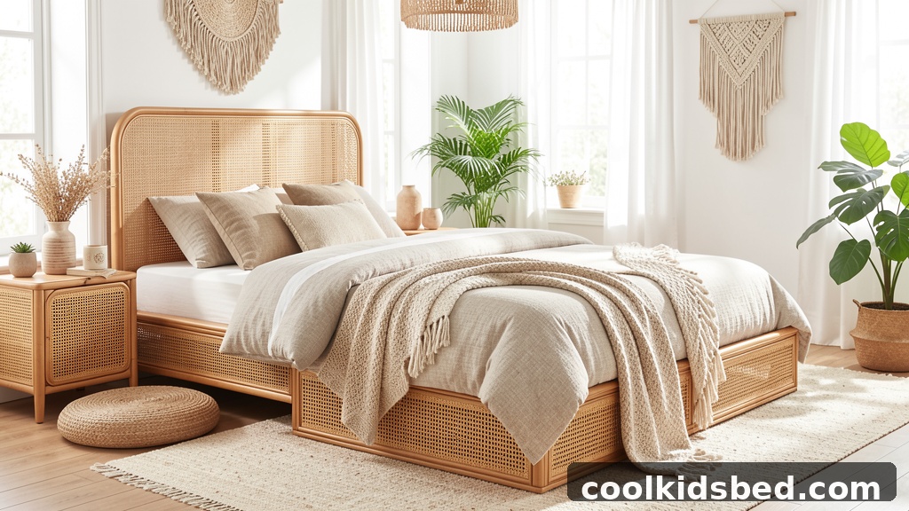 Queen size rattan bed frame in a stylish boho bedroom