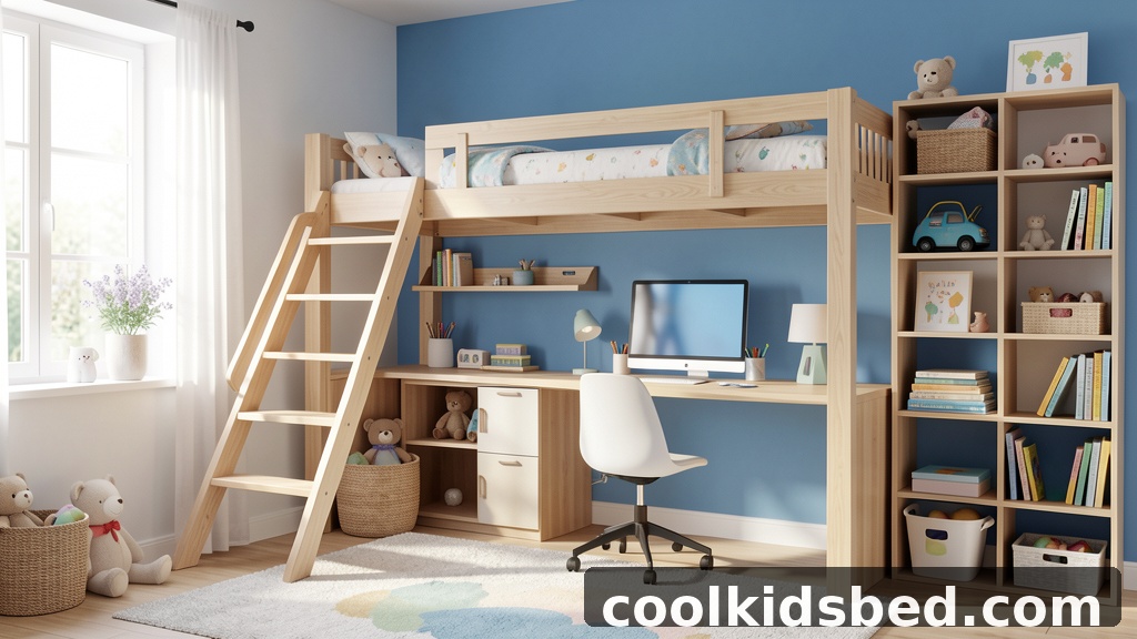 Twin size loft bed with stairs in a bright kids bedroom