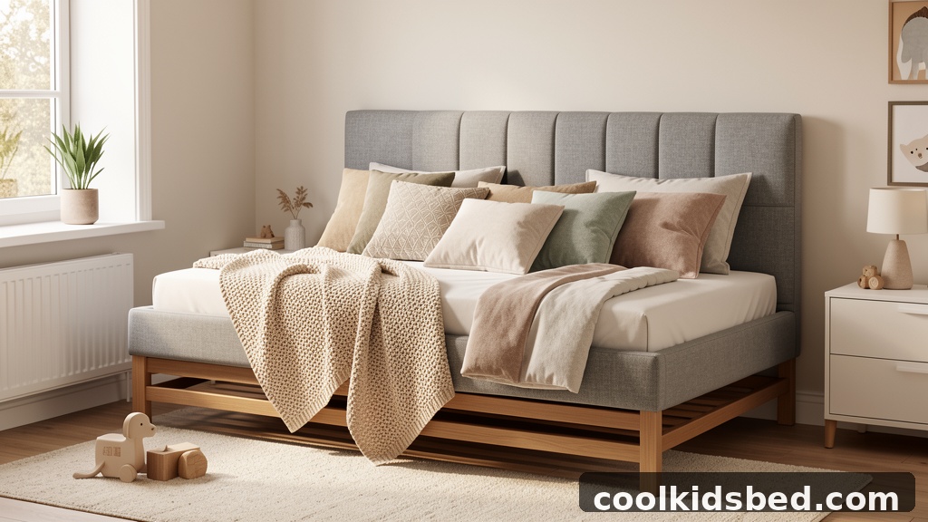 Upholstered daybed with slat support in a cozy kids bedroom