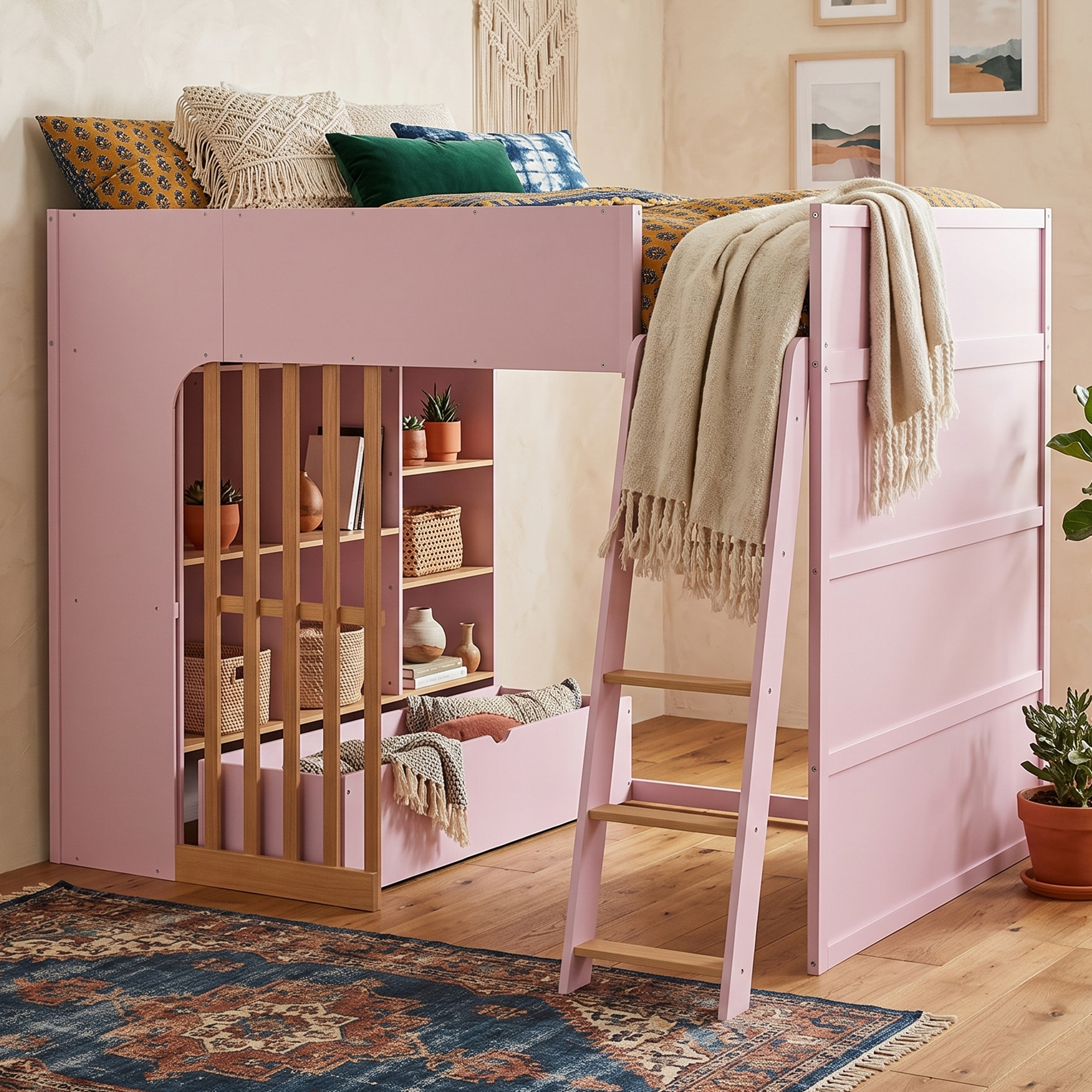 Full Size Wooden High Sleeper Loft Bed with Ladder and Storage Shelves