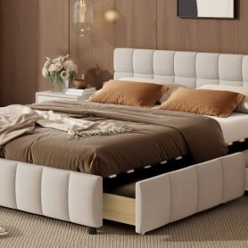 Queen Size Upholstered Platform Bed Frame with 4 Storage Drawers