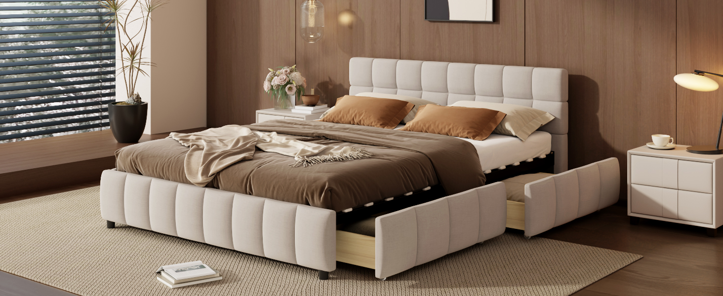 Queen Size Upholstered Platform Bed Frame with 4 Storage Drawers