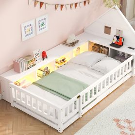 Twin Size Wood Floor Bed With Guardrail,  Storage Cabinets, LED, USB Port & Plug Outlets