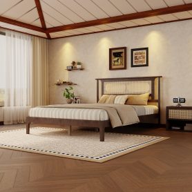 Queen Size Solid Wooden Bed with Rattan Headboard