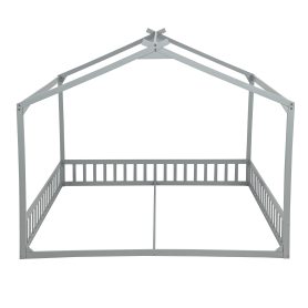 Double Twin House-Shaped Floor Bed with Safety Guardrails