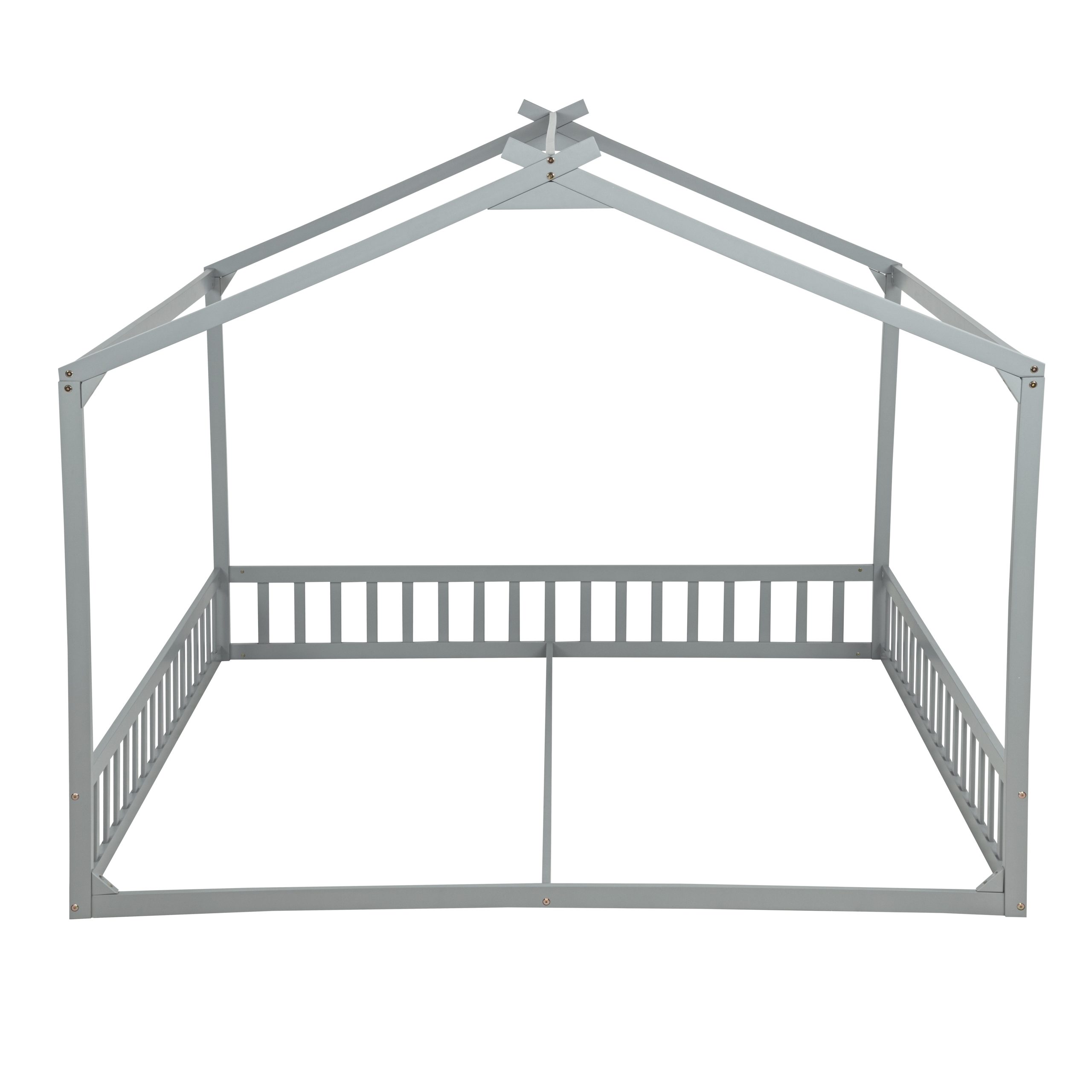 Double Twin House-Shaped Floor Bed with Safety Guardrails