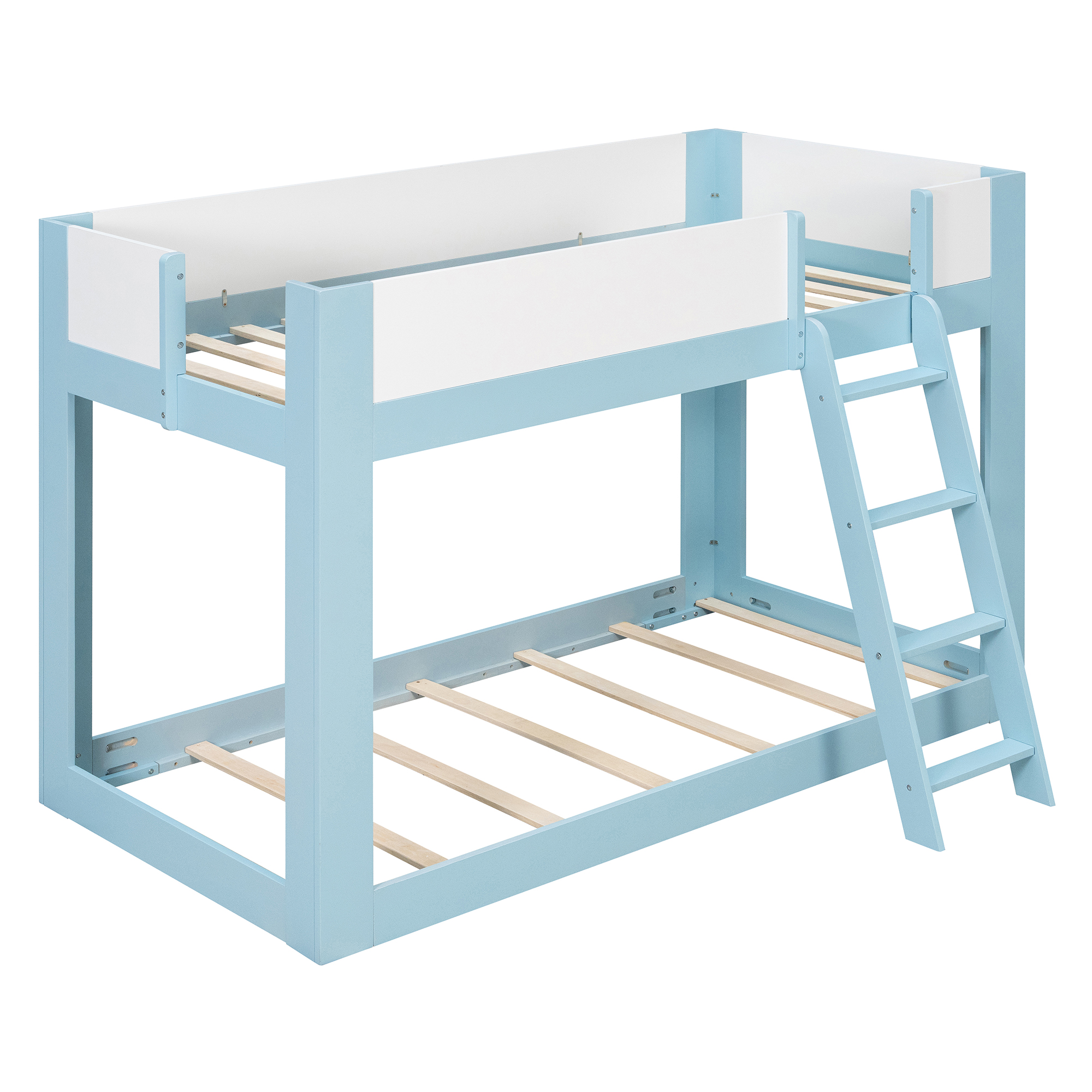 Twin Size Low Convertible Bunk Bed With Reversible Ladder And Safety Guardrails