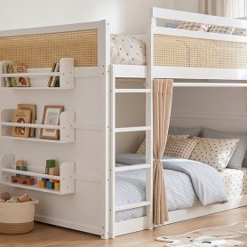 Full Size Bunk Bed with 3-Tier Storage Shelf, Rattan Decor, Privacy Curtains & Lights