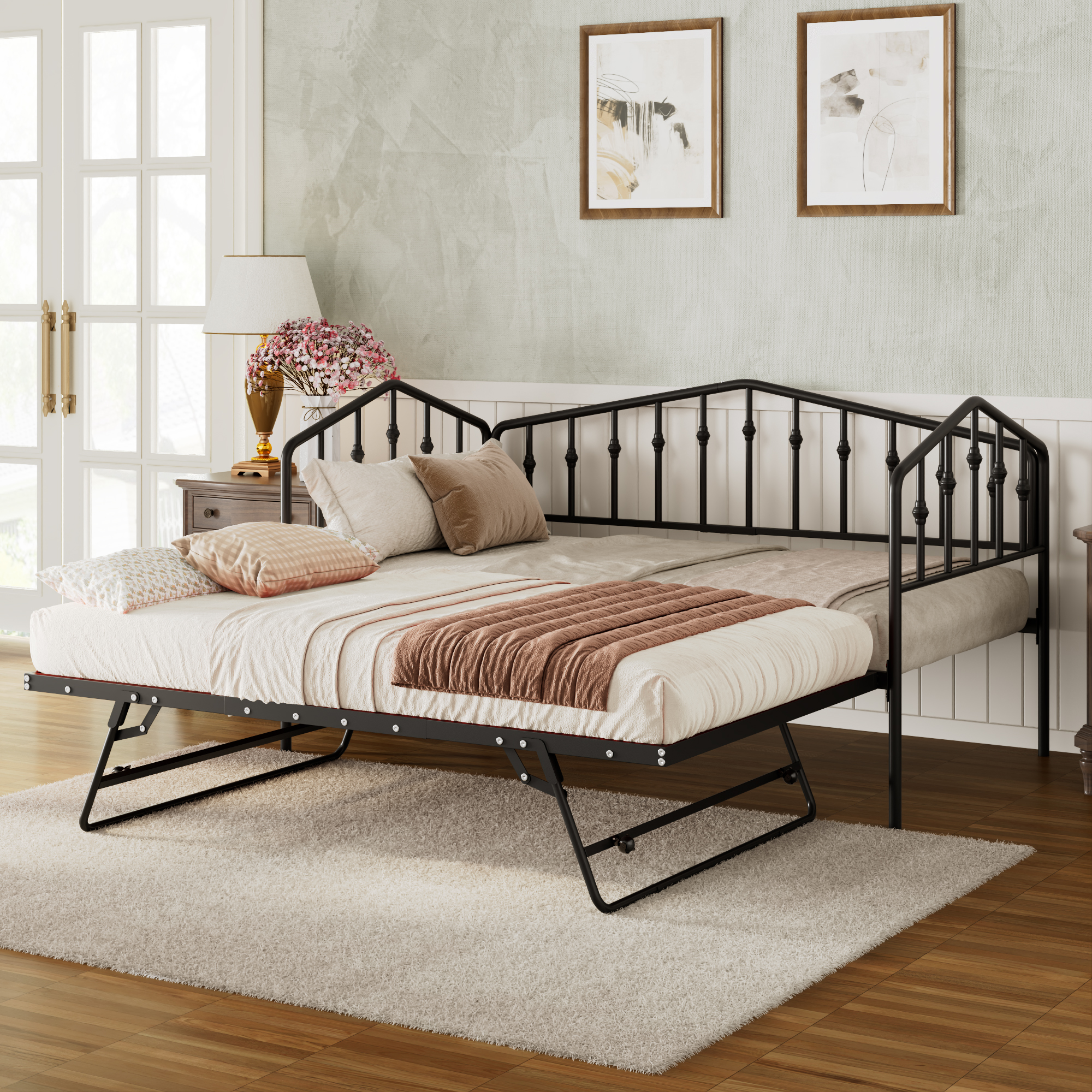 Twin Size Stylish Metal Daybed with Twin Size Adjustable Trundle