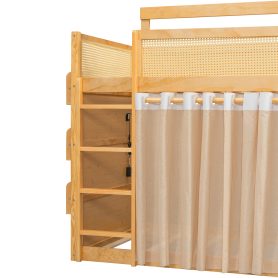 Twin Size Bunk Bed with 3-Tier Storage Shelf, Rattan Decor, Privacy Curtains & Lights
