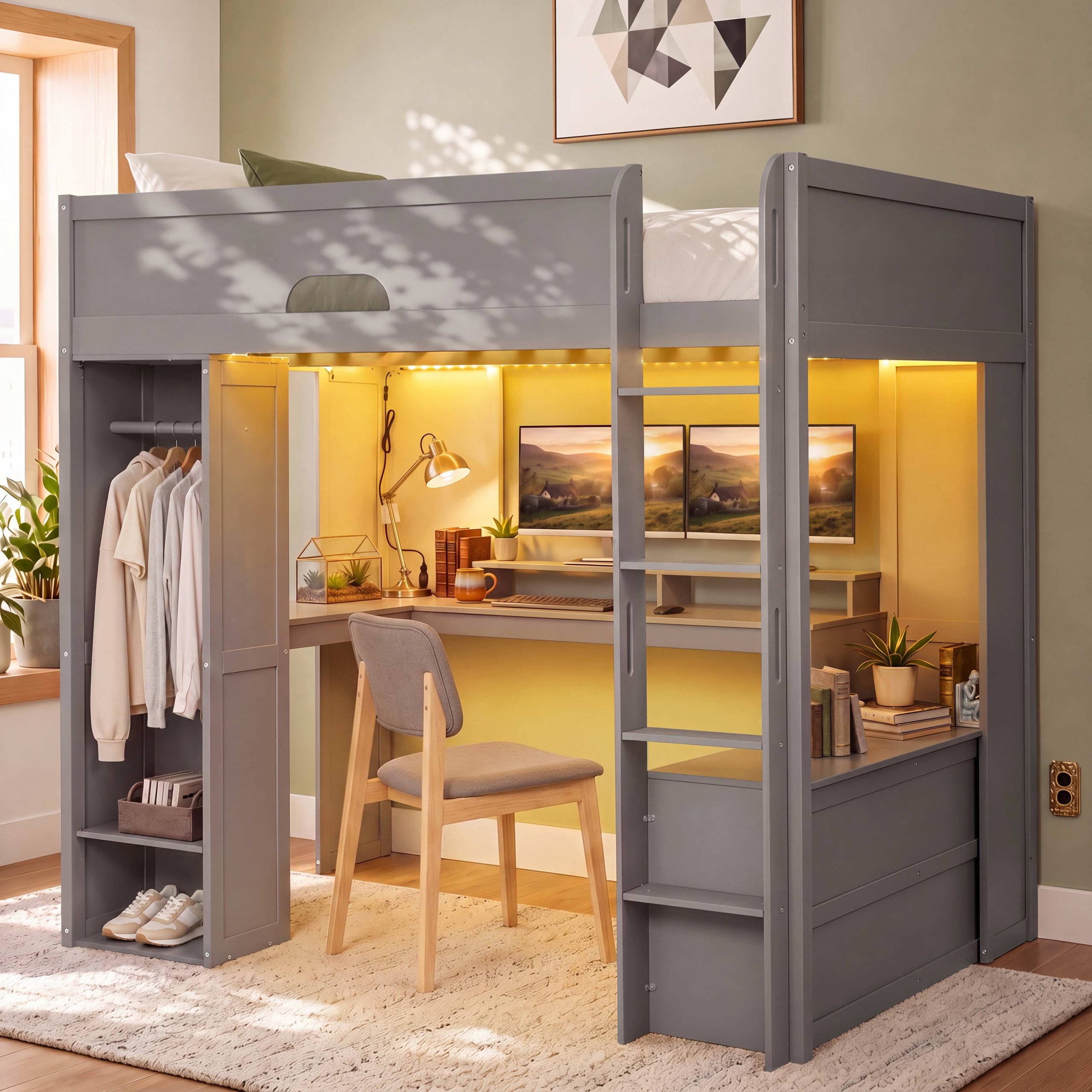 Full Size Solid Wood Loft Bed With L-Shaped Desk, Storage Cabinet and Wardrobe