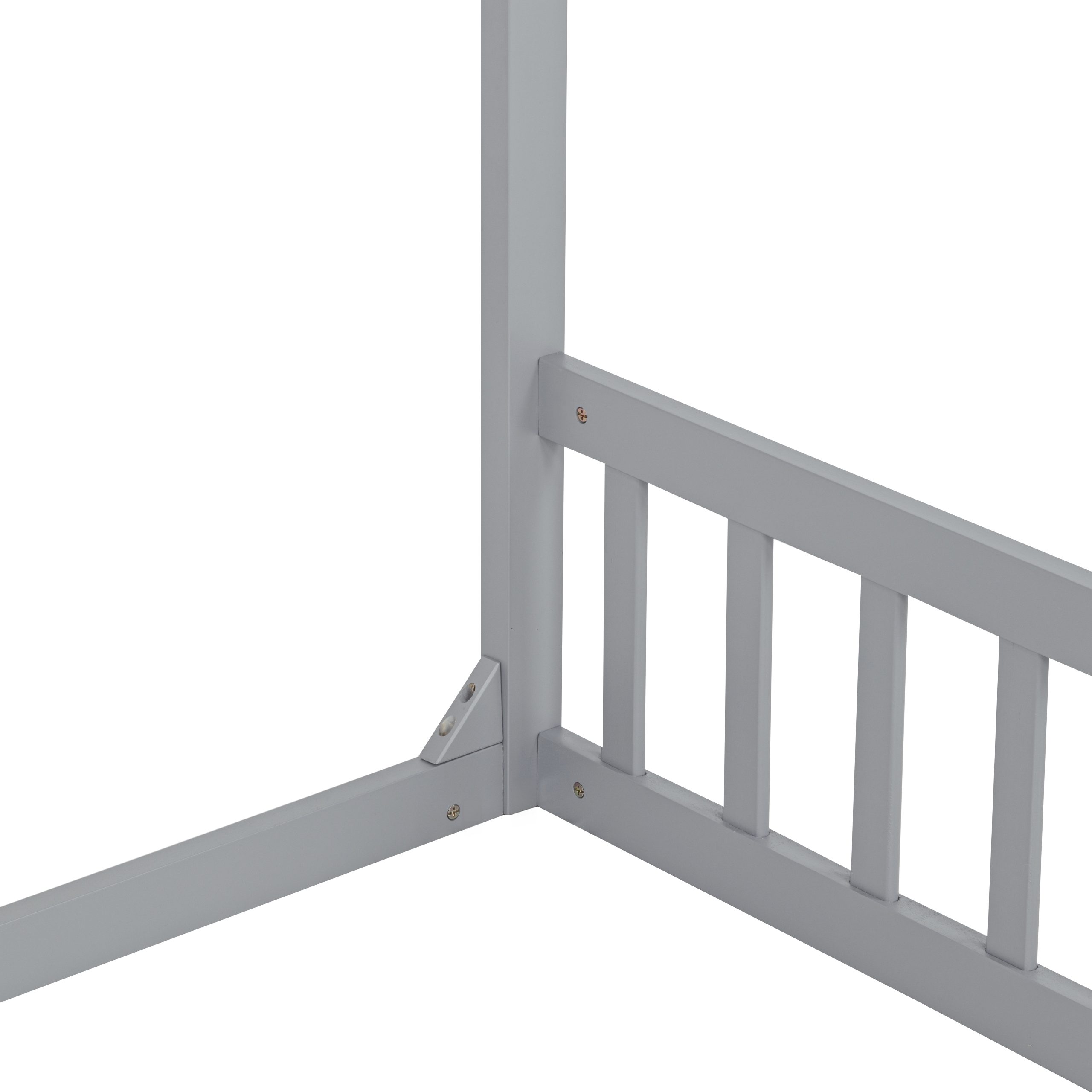 Double Twin House-shaped Floor Bed With Safety Guardrails, Without Door, Grey