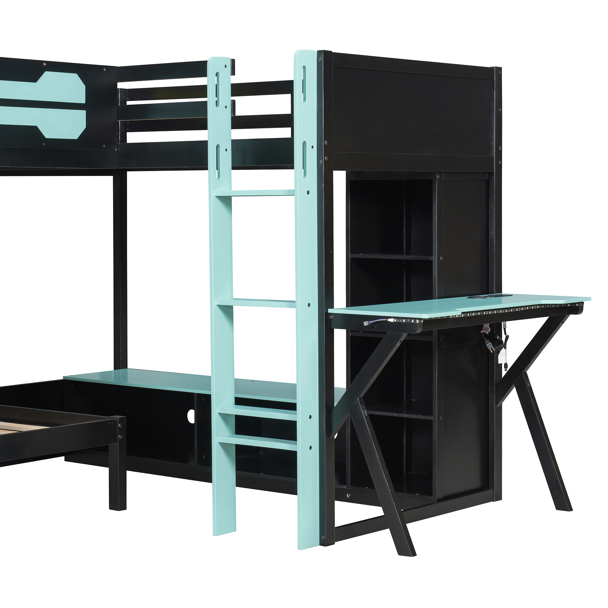 L-Shaped Wooden Twin Size Gaming Bed Frame with RGB LED Lights, USB Ports, TV Stand & Storage Shelves