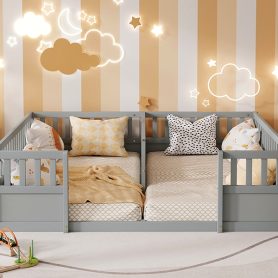 Double Pine Wood Twin Floor Bed with Semi-Enclosed Safety Guardrails, Open Entrance