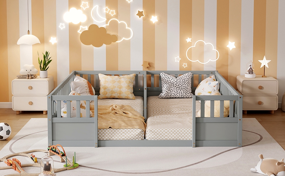 Double Pine Wood Twin Floor Bed with Semi-Enclosed Safety Guardrails, Open Entrance
