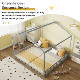 Double Twin House-Shaped Floor Bed with Safety Guardrails