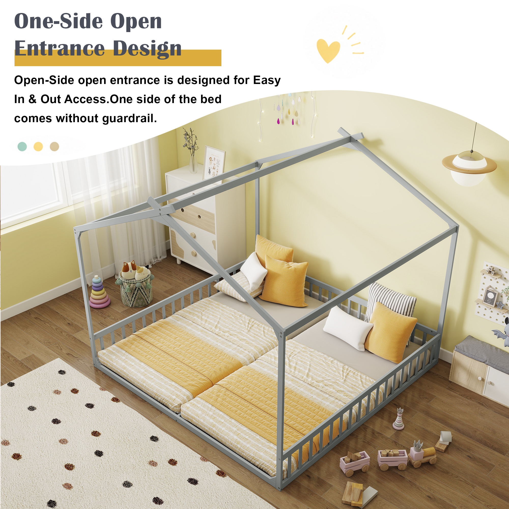 Double Twin House-Shaped Floor Bed with Safety Guardrails