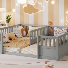 Double Pine Wood Twin Floor Bed with Semi-Enclosed Safety Guardrails, Open Entrance