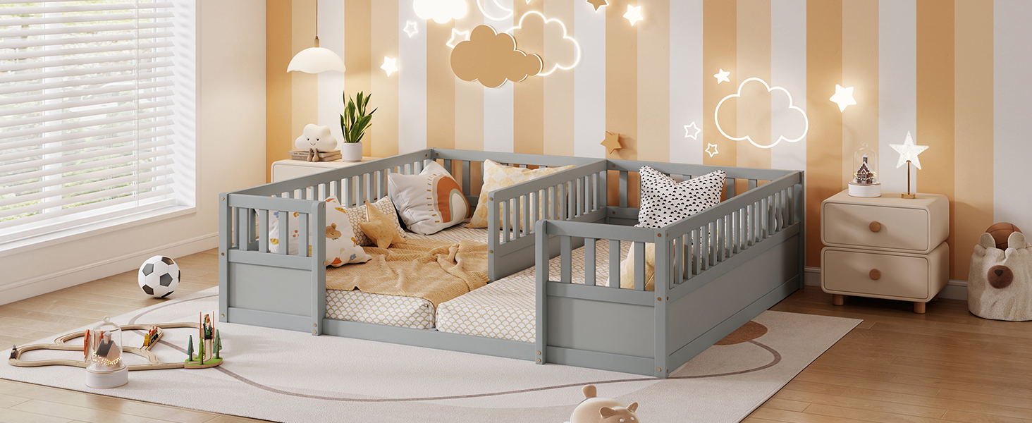 Double Pine Wood Twin Floor Bed with Semi-Enclosed Safety Guardrails, Open Entrance