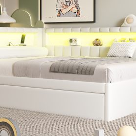 Upholstered Full Size Platform Bed with Trundle, USB Ports and LED Belt