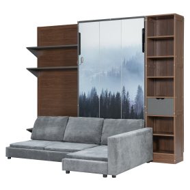 Twin Murphy Bed with Storage Cabinet, Open Shelving & USB Port, Large Sofa Front
