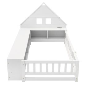 Twin Size Wood Floor Bed With Guardrail,  Storage Cabinets, LED, USB Port & Plug Outlets