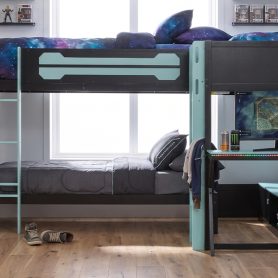 L-Shaped Wooden Twin Size Gaming Bed Frame with RGB LED Lights, USB Ports, TV Stand & Storage Shelves