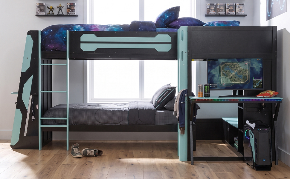 L-Shaped Wooden Twin Size Gaming Bed Frame with RGB LED Lights, USB Ports, TV Stand & Storage Shelves