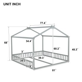 Double Twin House-Shaped Floor Bed with Safety Guardrails