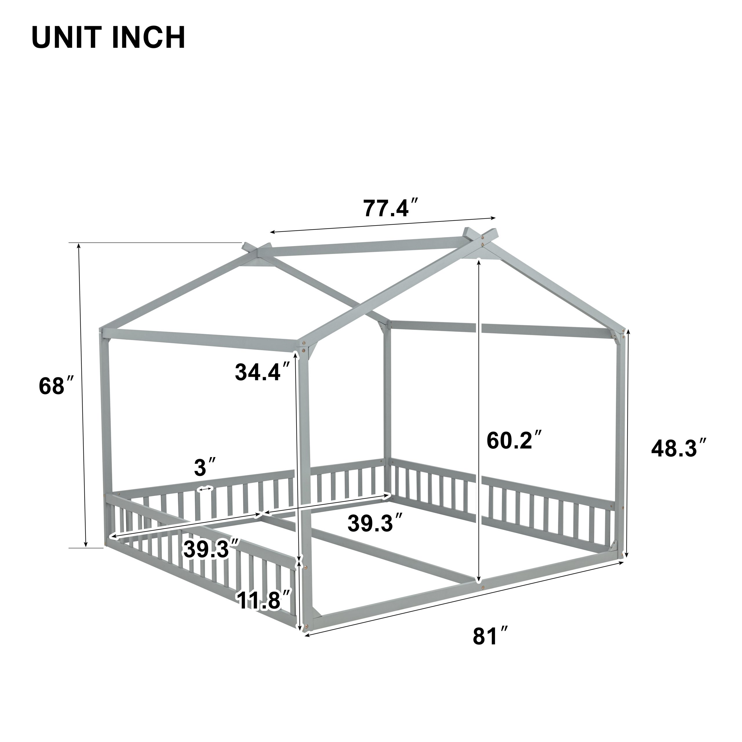 Double Twin House-Shaped Floor Bed with Safety Guardrails
