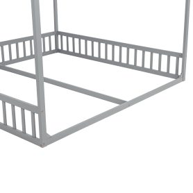 Double Twin House-Shaped Floor Bed with Safety Guardrails