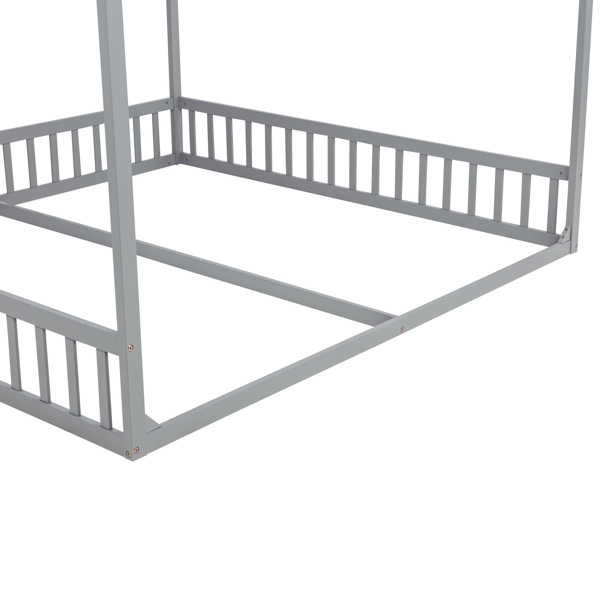 Double Twin House-Shaped Floor Bed with Safety Guardrails