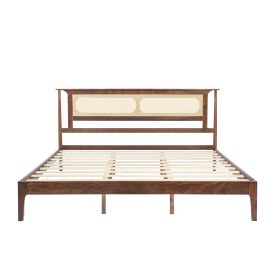King Size Solid Wooden Bed with Rattan Headboard
