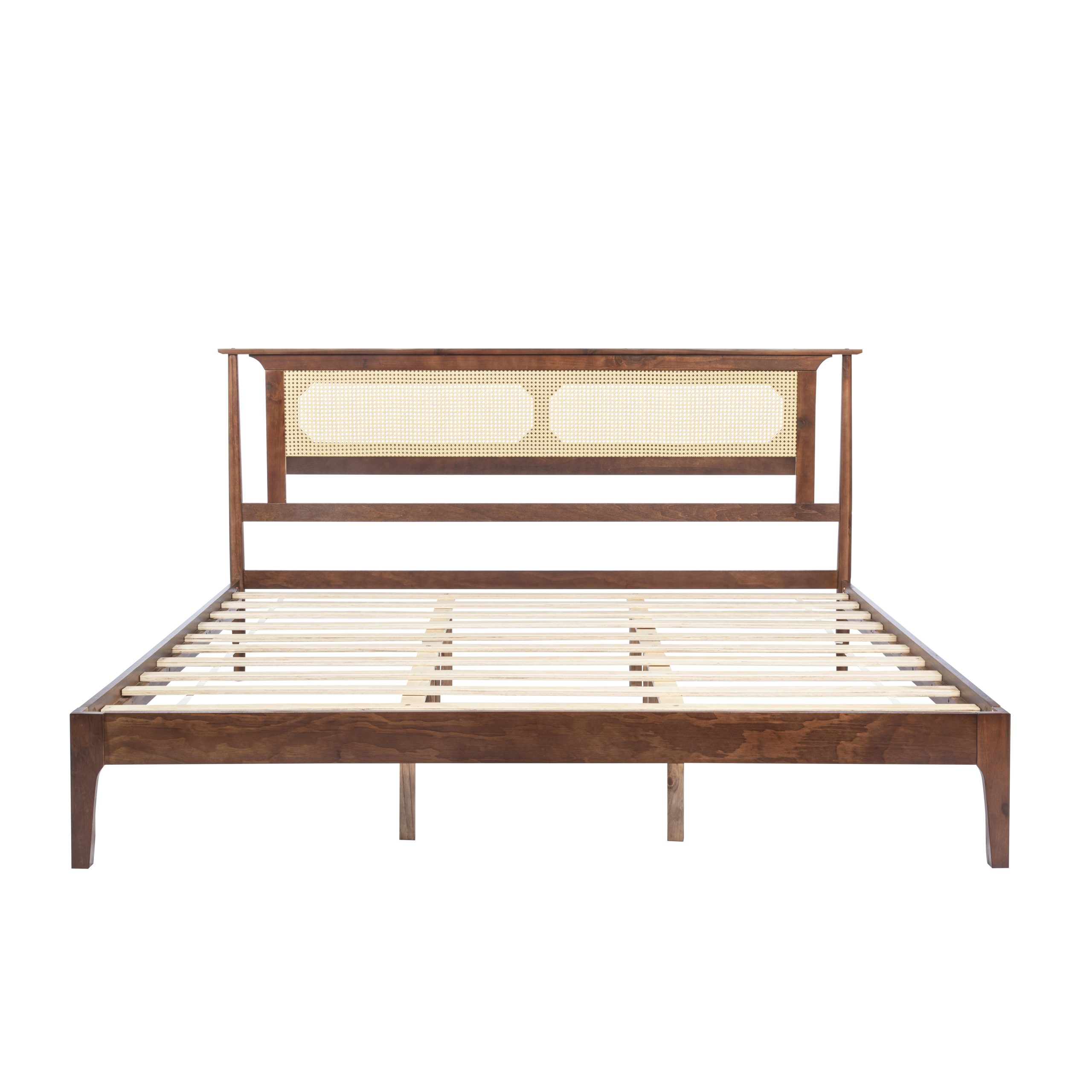 King Size Solid Wooden Bed with Rattan Headboard