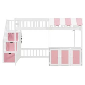 Full Size Loft Bed with Storage Steps, LED Light, Under Bed Cabinets