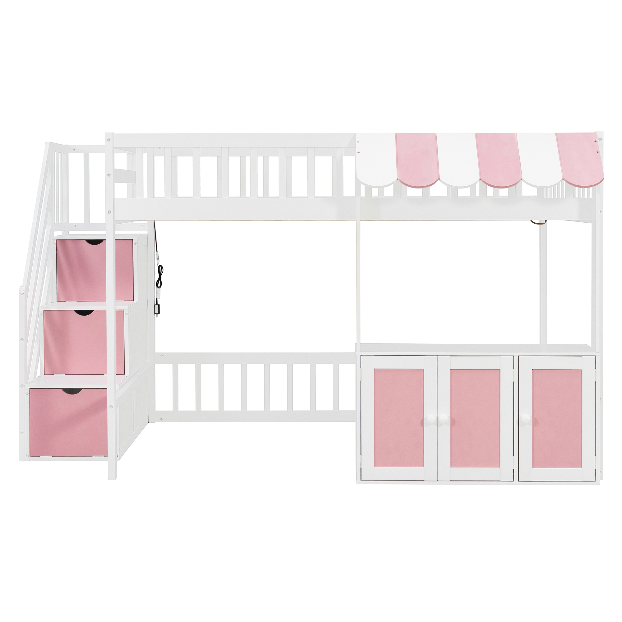 Full Size Loft Bed with Storage Steps, LED Light, Under Bed Cabinets