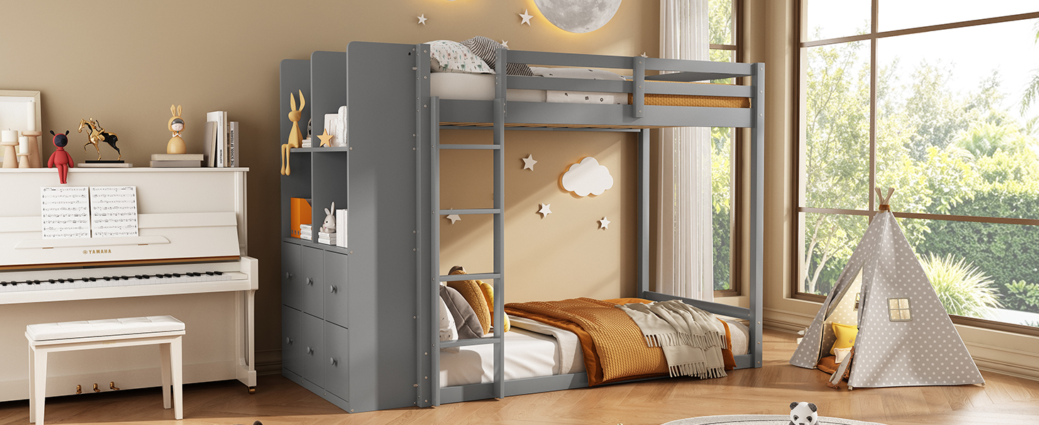 Twin Size Bunk Bed with Drawers, Shelves and Light