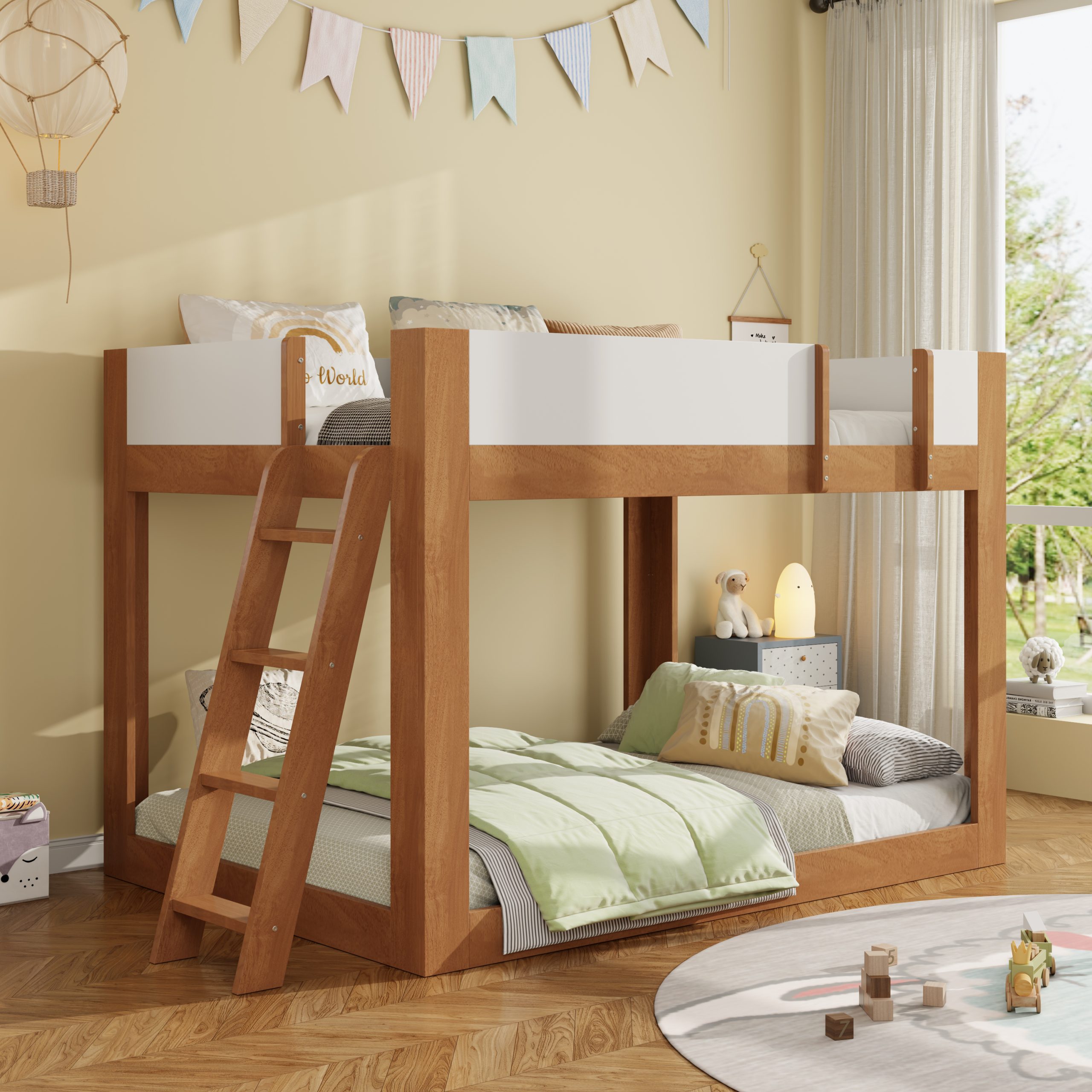 Twin Size Low Convertible Bunk Bed With Reversible Ladder And Safety Guardrails