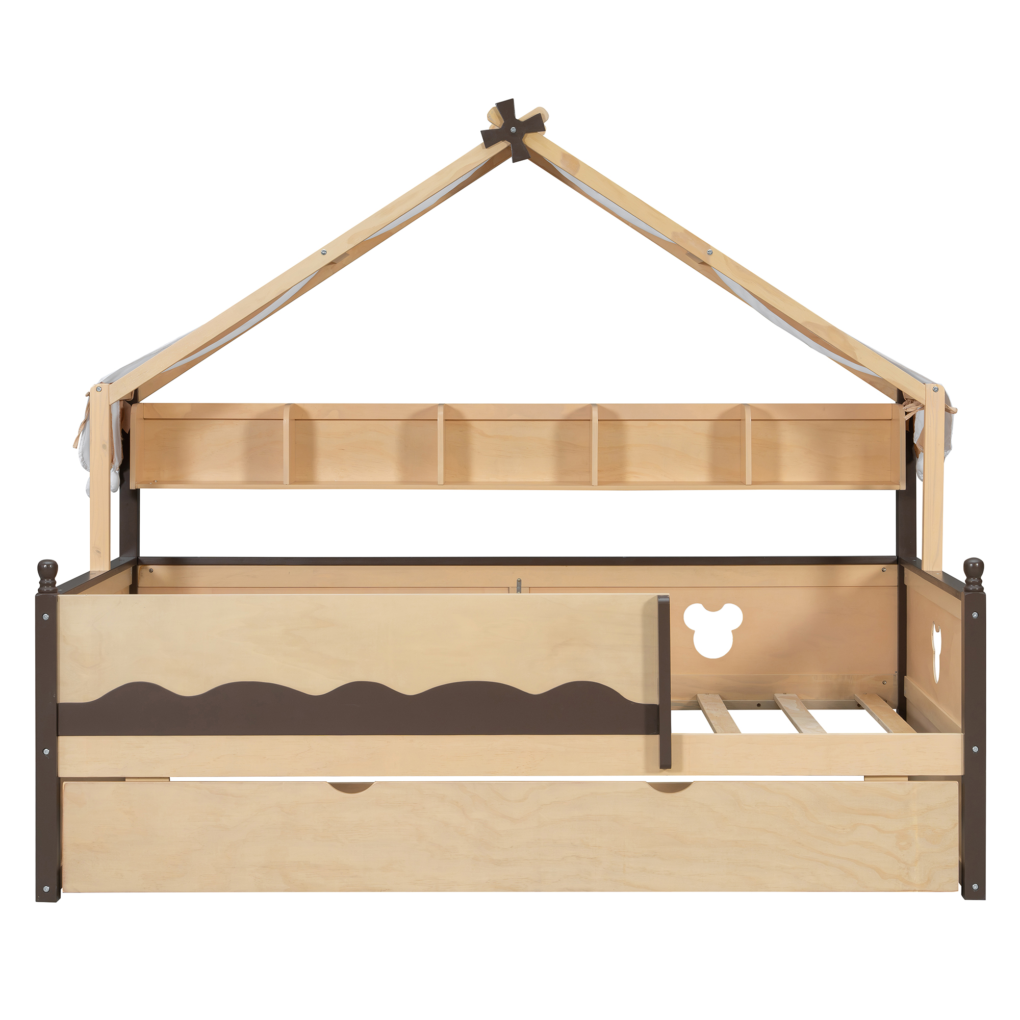 Twin Size House-Shaped Daybed with Built-In Bookshelf and Trundle