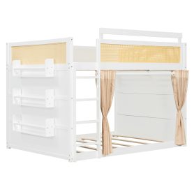 Full Size Bunk Bed with 3-Tier Storage Shelf, Rattan Decor, Privacy Curtains & Lights