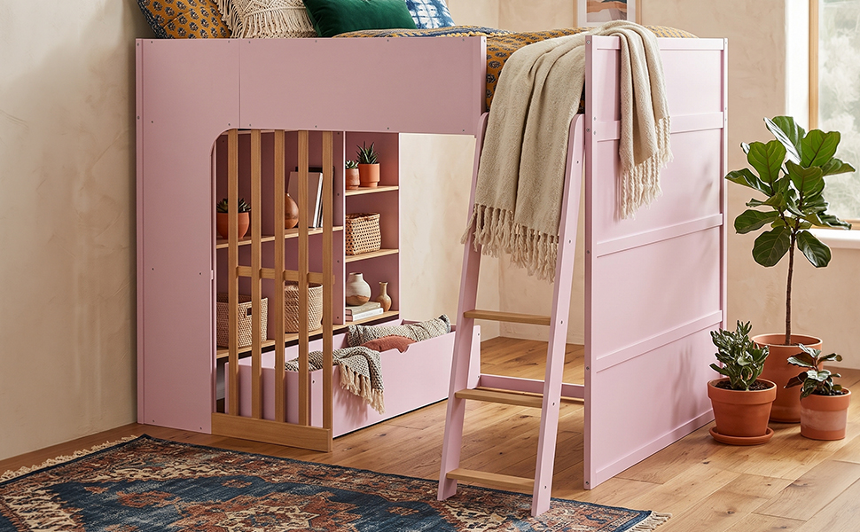 Full Size Wooden High Sleeper Loft Bed with Ladder and Storage Shelves