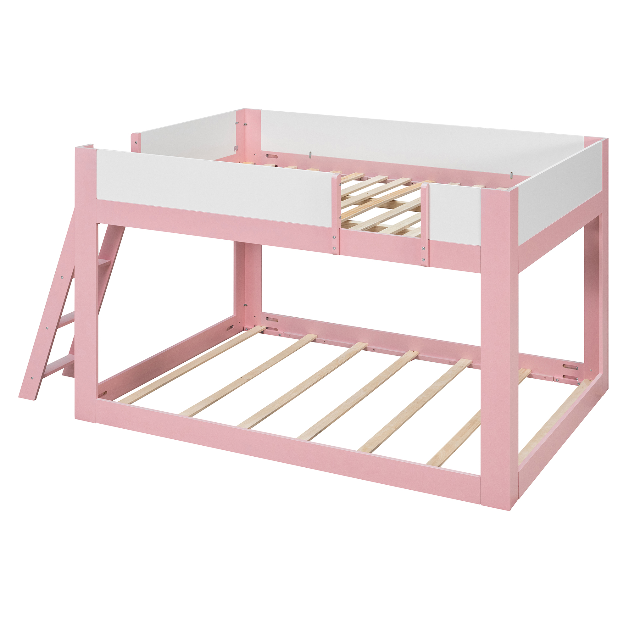 Queen Size Low Convertible Bunk Bed With Reversible Ladder And Safety Guardrails