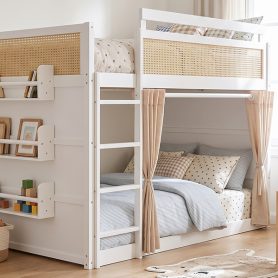 Full Size Bunk Bed with 3-Tier Storage Shelf, Rattan Decor, Privacy Curtains & Lights