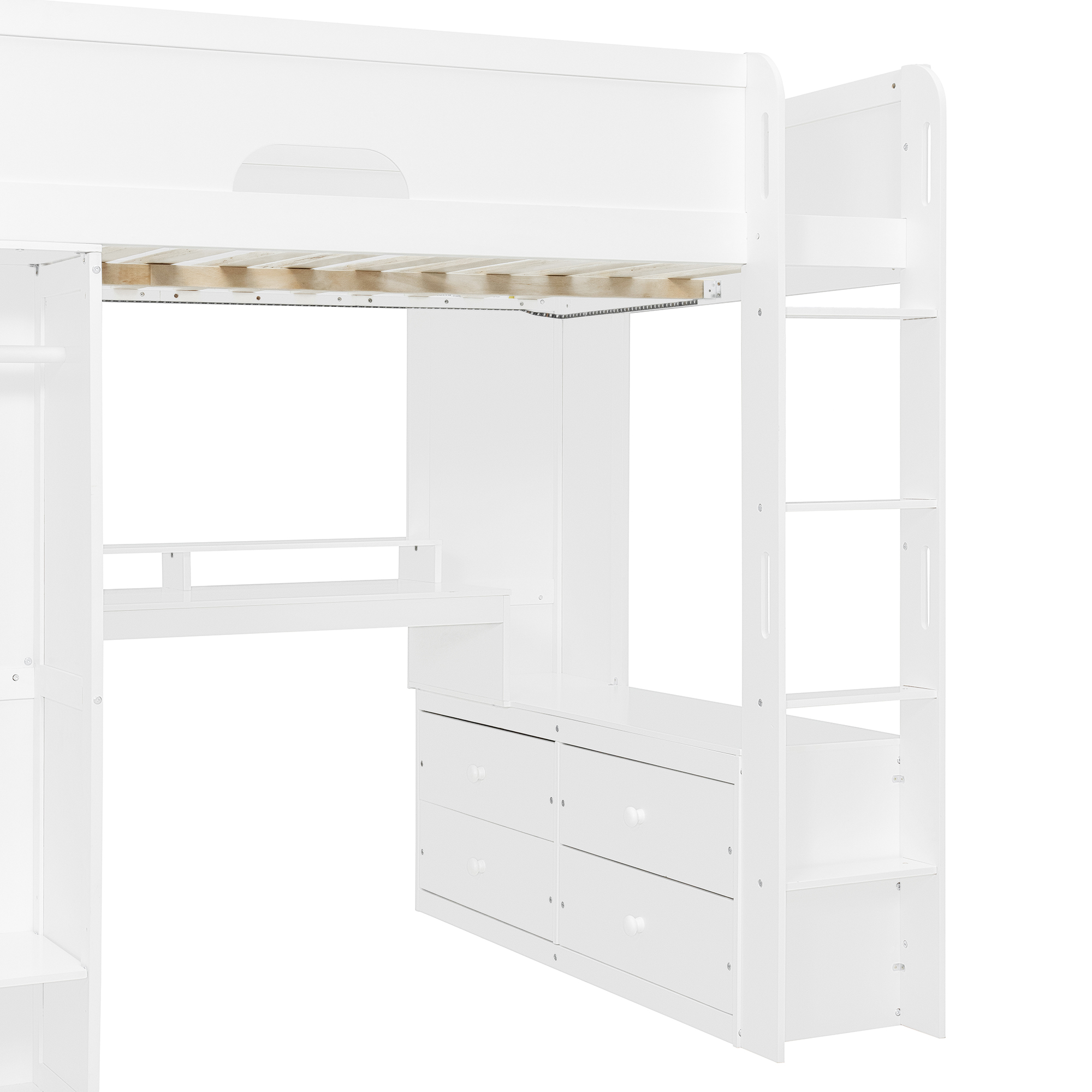 Full Size Solid Wood Loft Bed With L-Shaped Desk, Storage Cabinet and Wardrobe