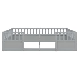 Double Pine Wood Twin Floor Bed with Semi-Enclosed Safety Guardrails, Open Entrance