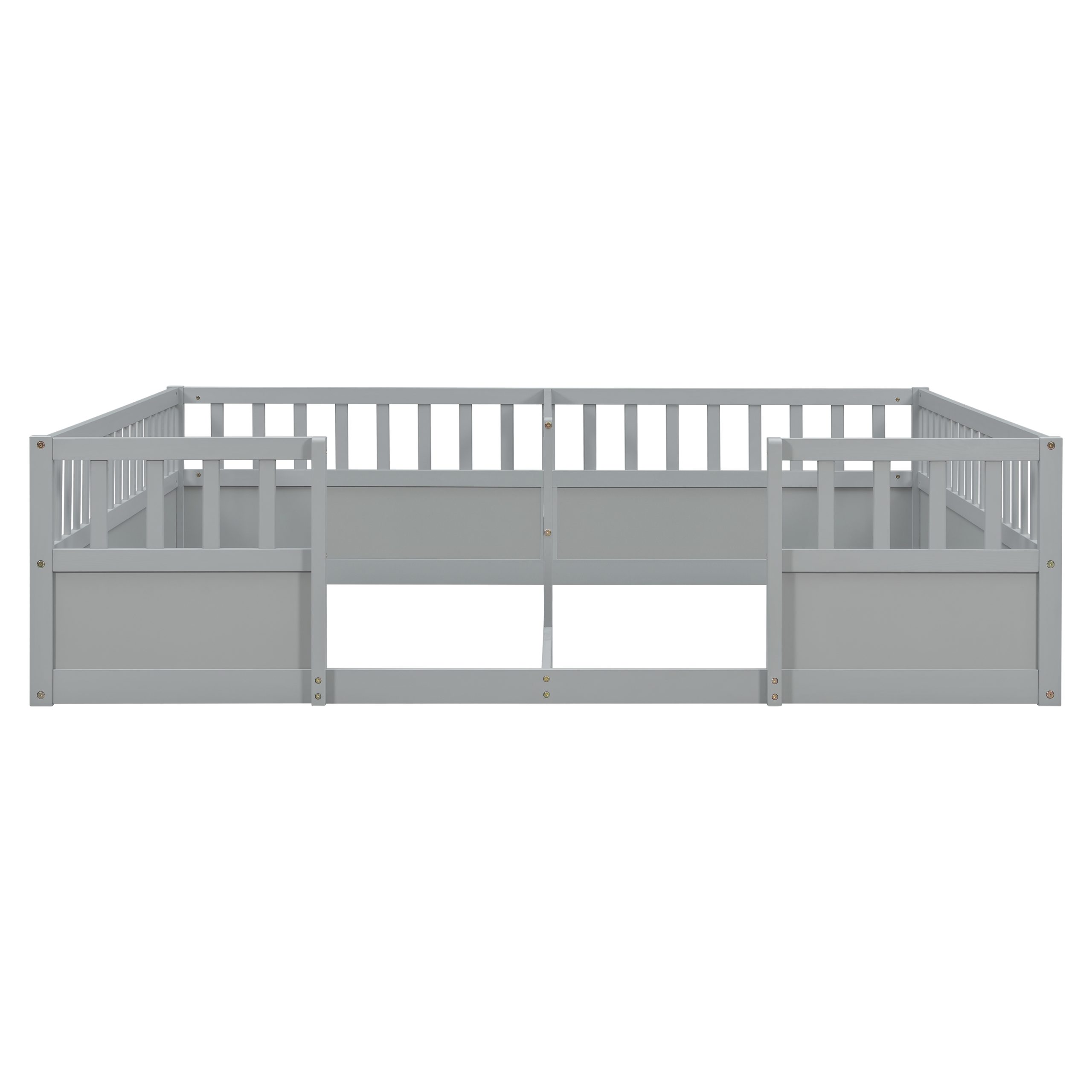Double Pine Wood Twin Floor Bed with Semi-Enclosed Safety Guardrails, Open Entrance